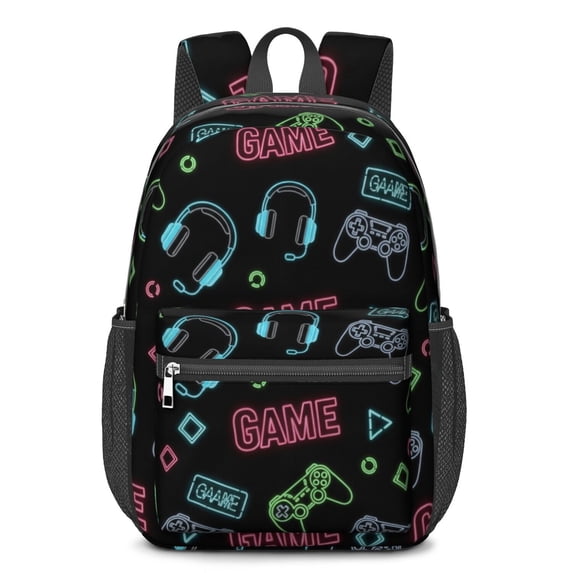 Game Controller Black Pattern 17" School Backpacks for Teens,Waterproof Oxford Fabric,S-Shape Padded Straps for School,Travel,Hiking,Camping