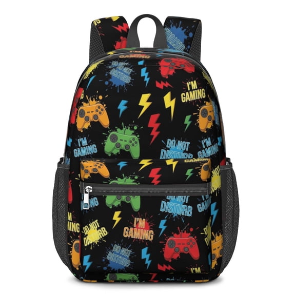 Game Controller Black Pattern 17" School Backpacks for Teens,Waterproof Oxford Fabric,S-Shape Padded Straps for School,Travel,Hiking,Camping