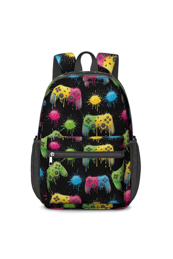 Game Controller Black Pattern 17" School Backpacks for Teens,Waterproof Oxford Fabric,S-Shape Padded Straps for School,Travel,Hiking,Camping