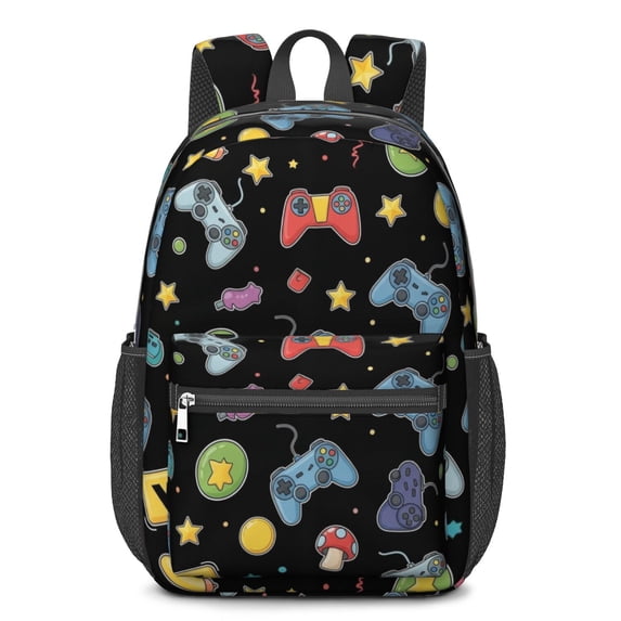Game Controller Black Pattern 17" School Backpacks for Teens,Waterproof Oxford Fabric,S-Shape Padded Straps for School,Travel,Hiking,Camping