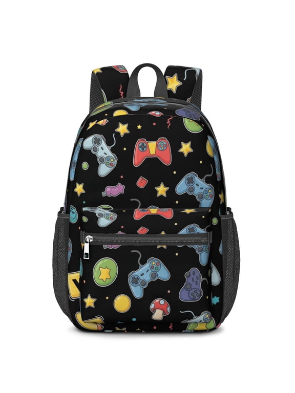 Game Controller Black Pattern 17" School Backpacks for Teens,Waterproof Oxford Fabric,S-Shape Padded Straps for School,Travel,Hiking,Camping