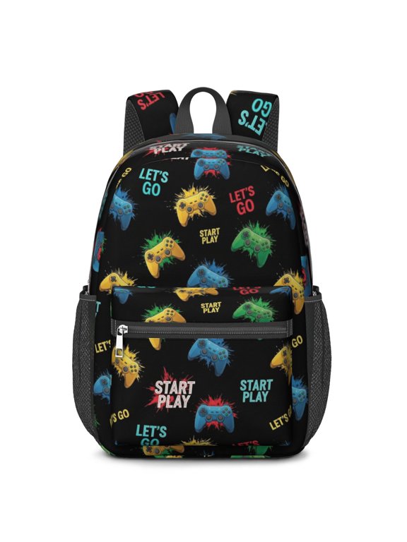 Game Controller Black Pattern 17" School Backpacks for Teens,Waterproof Oxford Fabric,S-Shape Padded Straps for School,Travel,Hiking,Camping