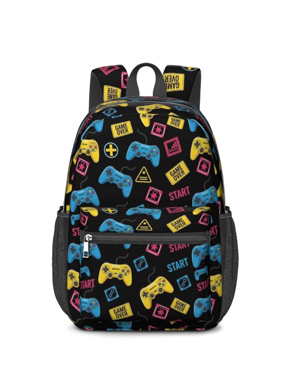 Game Controller Black Pattern 17" School Backpacks for Teens,Waterproof Oxford Fabric,S-Shape Padded Straps for School,Travel,Hiking,Camping
