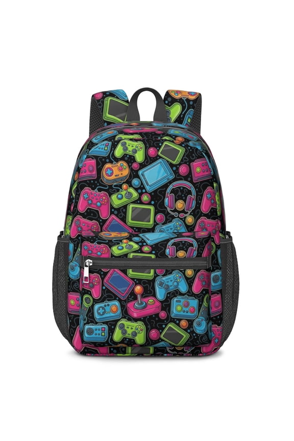 Game Controller Black Pattern 17" School Backpacks for Teens,Waterproof Oxford Fabric,S-Shape Padded Straps for School,Travel,Hiking,Camping