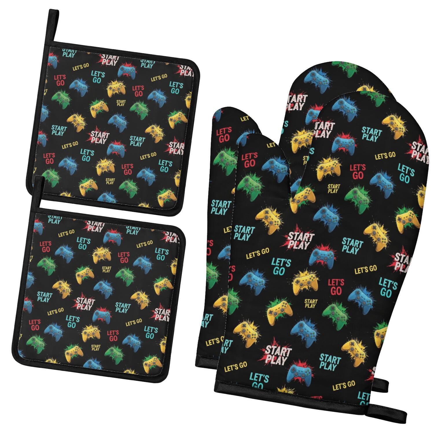 Game Controller Black Pattern 2 Pack Oven Mitts Pot Holders Set, BBQ ...