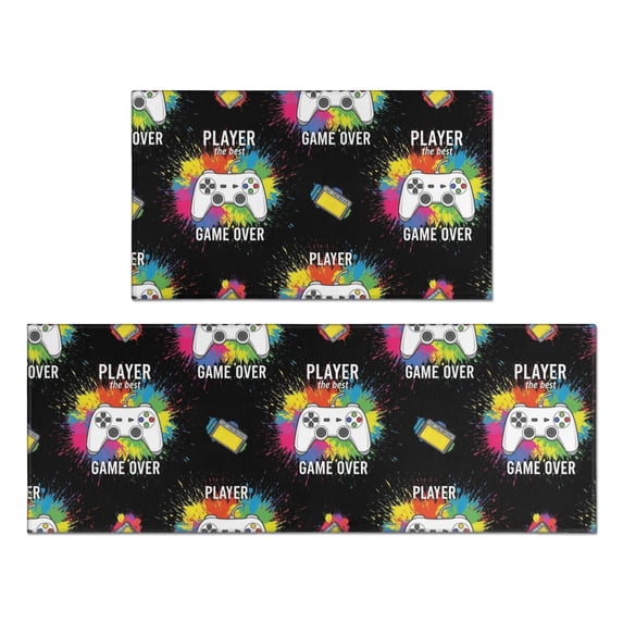 Game Controller Black Pattern Anti Fatigue Kitchen Rugs Set Of 2, Non Slip Washable Decorative Floor Mats for Kitchen Sink Laundry, 17"x30" and 17"x47"