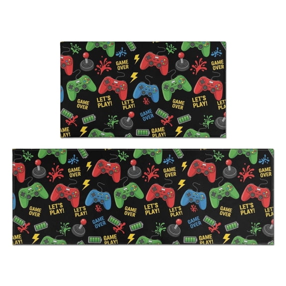 Game Controller Black Pattern Anti Fatigue Kitchen Rugs Set Of 2, Non Slip Washable Decorative Floor Mats for Kitchen Sink Laundry, 17"x30" and 17"x47"