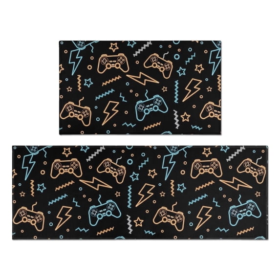 Game Controller Black Pattern Anti Fatigue Kitchen Rugs Set Of 2, Non Slip Washable Decorative Floor Mats for Kitchen Sink Laundry, 17"x30" and 17"x47"