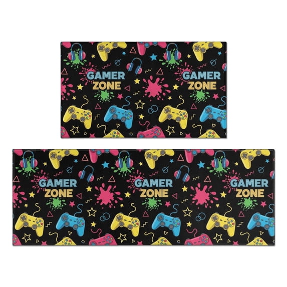 Game Controller Black Pattern Anti Fatigue Kitchen Rugs Set Of 2, Non Slip Washable Decorative Floor Mats for Kitchen Sink Laundry, 17"x30" and 17"x47"