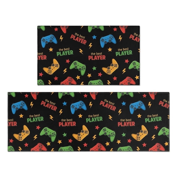 Game Controller Black Pattern Anti Fatigue Kitchen Rugs Set Of 2, Non Slip Washable Decorative Floor Mats for Kitchen Sink Laundry, 17"x30" and 17"x47"