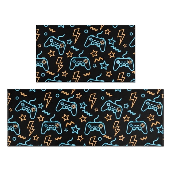Game Controller Black Pattern Anti Fatigue Kitchen Rugs Set Of 2, Non Slip Washable Decorative Floor Mats for Kitchen Sink Laundry, 17"x30" and 17"x47"