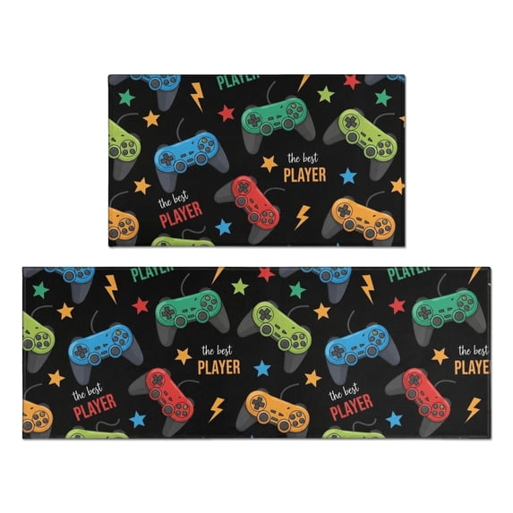 Game Controller Black Pattern Anti Fatigue Kitchen Rugs Set Of 2, Non Slip Washable Decorative Floor Mats for Kitchen Sink Laundry, 17"x30" and 17"x47"
