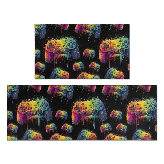 Game Controller Black Pattern Anti Fatigue Kitchen Rugs Set Of 2, Non Slip Washable Decorative Floor Mats for Kitchen Sink Laundry, 17"x30" and 17"x47"
