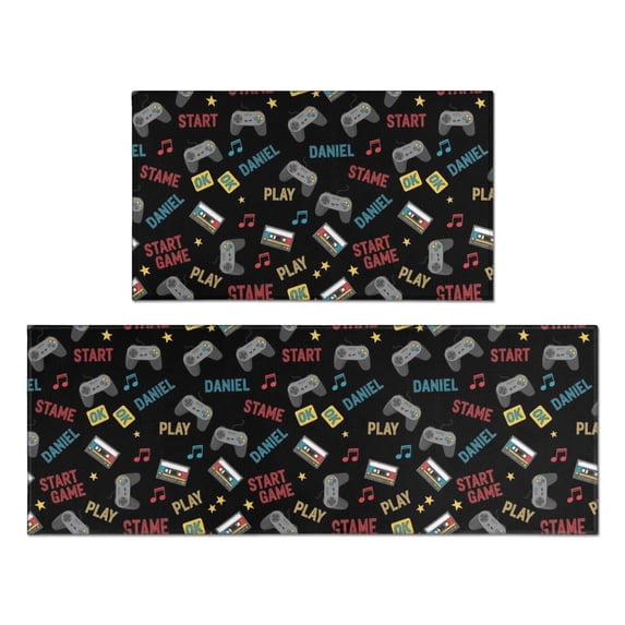 Game Controller Black Pattern Anti Fatigue Kitchen Rugs Set Of 2, Non Slip Washable Decorative Floor Mats for Kitchen Sink Laundry, 17"x30" and 17"x47"