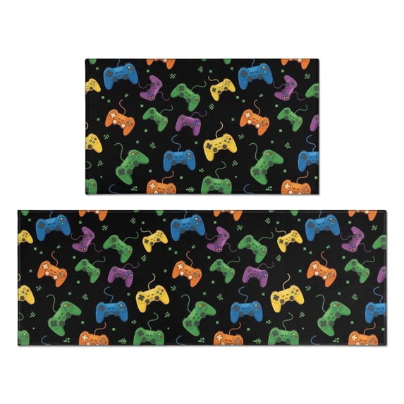 Game Controller Black Pattern Anti Fatigue Kitchen Rugs Set Of 2, Non Slip Washable Decorative Floor Mats for Kitchen Sink Laundry, 17"x30" and 17"x47"