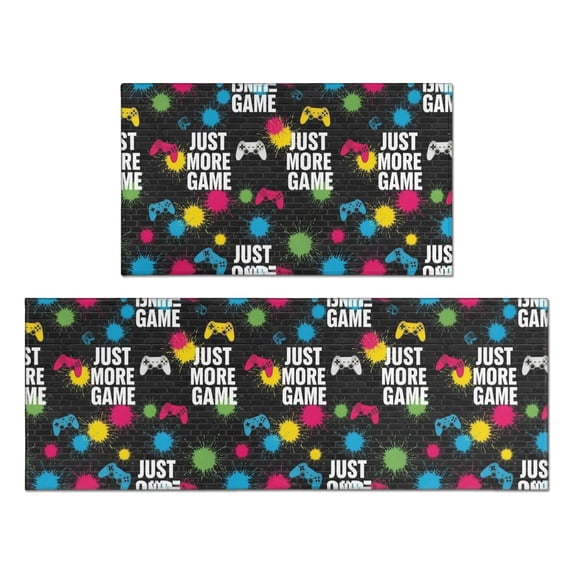 Game Controller Black Pattern Anti Fatigue Kitchen Rugs Set Of 2, Non Slip Washable Decorative Floor Mats for Kitchen Sink Laundry, 17"x30" and 17"x47"