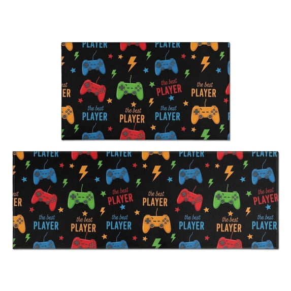 Game Controller Black Pattern Anti Fatigue Kitchen Rugs Set Of 2, Non Slip Washable Decorative Floor Mats for Kitchen Sink Laundry, 17"x30" and 17"x47"