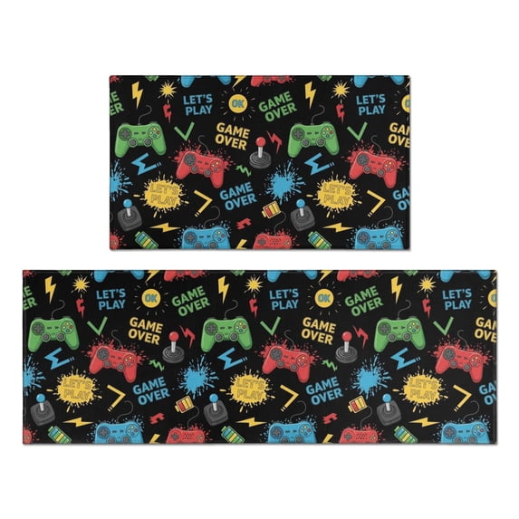 Game Controller Black Pattern Anti Fatigue Kitchen Rugs Set Of 2, Non Slip Washable Decorative Floor Mats for Kitchen Sink Laundry, 17"x30" and 17"x47"