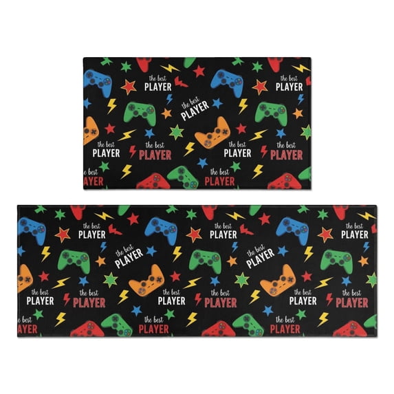 Game Controller Black Pattern Anti Fatigue Kitchen Rugs Set Of 2, Non Slip Washable Decorative Floor Mats for Kitchen Sink Laundry, 17"x30" and 17"x47"