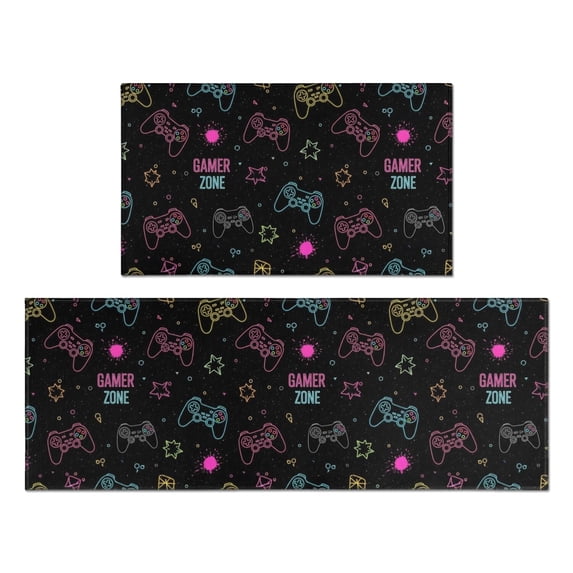 Game Controller Black Pattern Anti Fatigue Kitchen Rugs Set Of 2, Non Slip Washable Decorative Floor Mats for Kitchen Sink Laundry, 17"x30" and 17"x47"