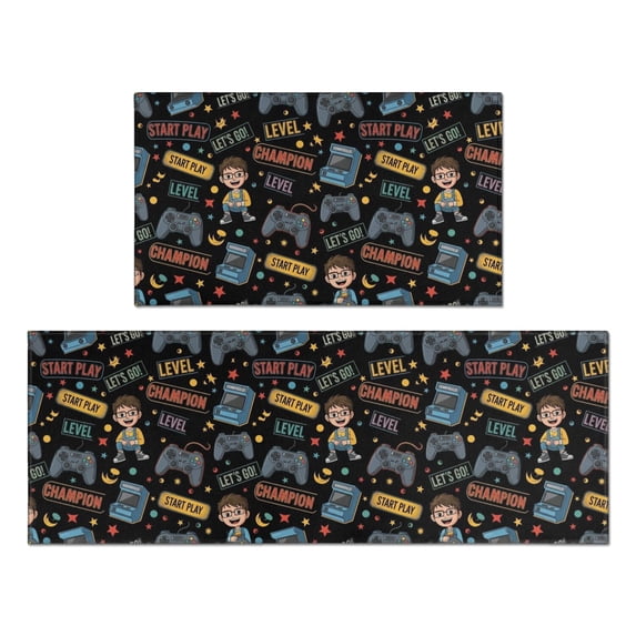 Game Controller Black Pattern Anti Fatigue Kitchen Rugs Set Of 2, Non Slip Washable Decorative Floor Mats for Kitchen Sink Laundry, 17"x30" and 17"x47"