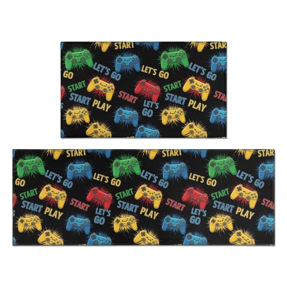 Game Controller Black Pattern Anti Fatigue Kitchen Rugs Set Of 2, Non Slip Washable Decorative Floor Mats for Kitchen Sink Laundry, 17"x30" and 17"x47"