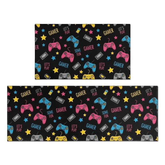 Game Controller Black Pattern Anti Fatigue Kitchen Rugs Set Of 2, Non Slip Washable Decorative Floor Mats for Kitchen Sink Laundry, 17"x30" and 17"x47"