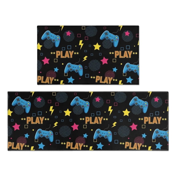 Game Controller Black Pattern Anti Fatigue Kitchen Rugs Set Of 2, Non Slip Washable Decorative Floor Mats for Kitchen Sink Laundry, 17"x30" and 17"x47"