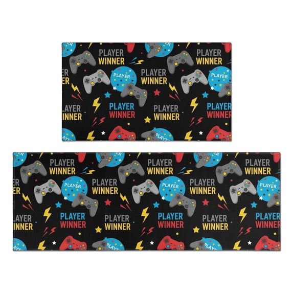 Game Controller Black Pattern Anti Fatigue Kitchen Rugs Set Of 2, Non Slip Washable Decorative Floor Mats for Kitchen Sink Laundry, 17"x30" and 17"x47"