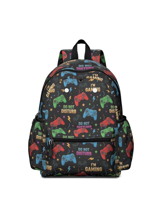 Game Controller Black Pattern Backpack for School, Cute School Bag with Adjustable Shoulder Straps and Padded Back, 13.4"x11"x4.7"