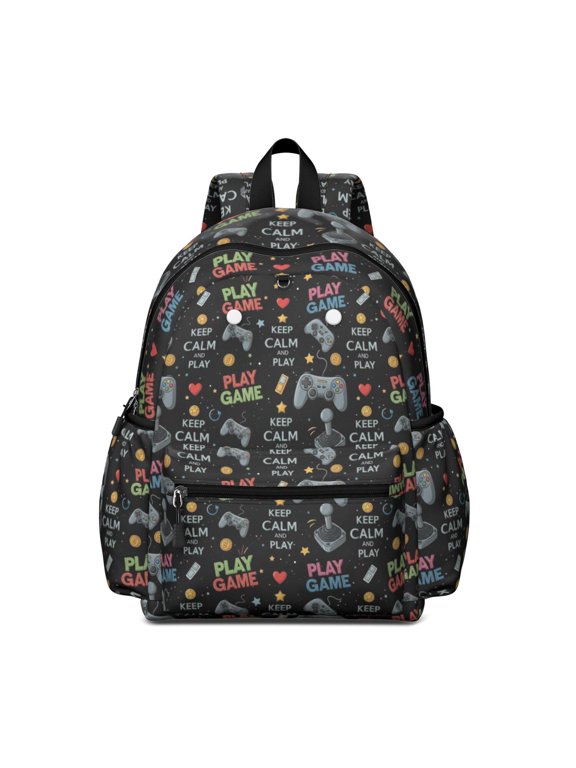 Game Controller Black Pattern Backpack for School, Cute School Bag with Adjustable Shoulder Straps and Padded Back, 13.4"x11"x4.7"