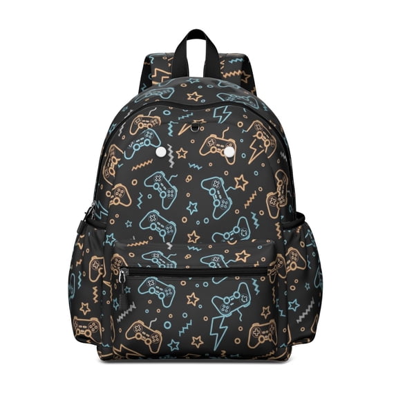 Game Controller Black Pattern Backpack for School, Cute School Bag with Adjustable Shoulder Straps and Padded Back, 13.4"x11"x4.7"