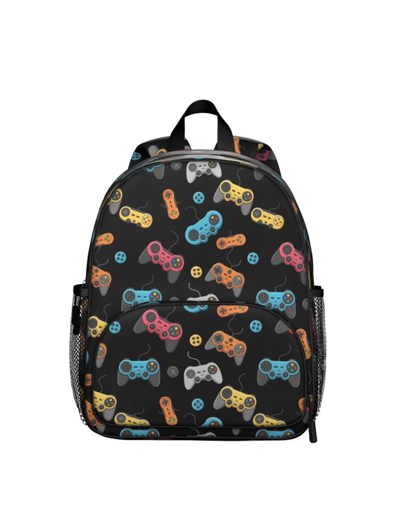 Game Controller Black Pattern Backpack for School, Cute School Bag with Adjustable Shoulder Straps and Padded Back, 13.8"x11.4"x6"