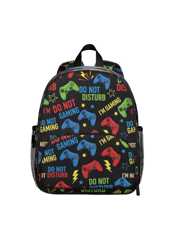 Game Controller Black Pattern Backpack for School, Cute School Bag with Adjustable Shoulder Straps and Padded Back, 13.8"x11.4"x6"