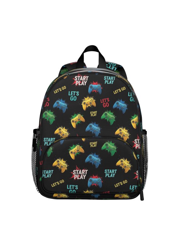 Game Controller Black Pattern Backpack for School, Cute School Bag with Adjustable Shoulder Straps and Padded Back, 13.8"x11.4"x6"