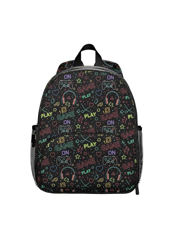 Game Controller Black Pattern Backpack for School, Cute School Bag with Adjustable Shoulder Straps and Padded Back, 13.8"x11.4"x6"