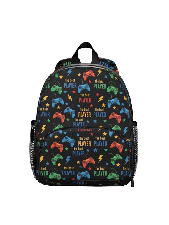 Game Controller Black Pattern Backpack for School, Cute School Bag with Adjustable Shoulder Straps and Padded Back, 13.8"x11.4"x6"