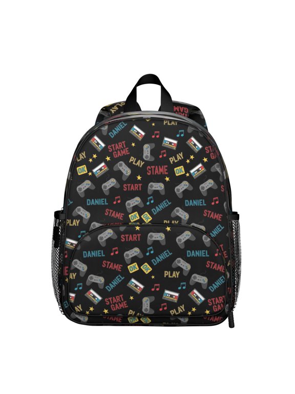 Game Controller Black Pattern Backpack for School, Cute School Bag with Adjustable Shoulder Straps and Padded Back, 13.8"x11.4"x6"