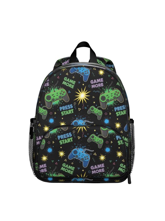 Game Controller Black Pattern Backpack for School, Cute School Bag with Adjustable Shoulder Straps and Padded Back, 13.8"x11.4"x6"