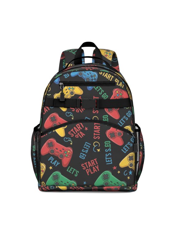 Game Controller Black Pattern Backpack for School, Cute School Bag with Adjustable Shoulder Straps and Padded Back, 15.25"x11.5"x5.25"