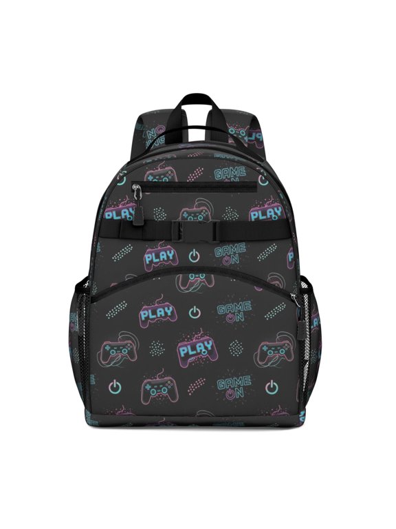 Game Controller Black Pattern Backpack for School, Cute School Bag with Adjustable Shoulder Straps and Padded Back, 15.25"x11.5"x5.25"