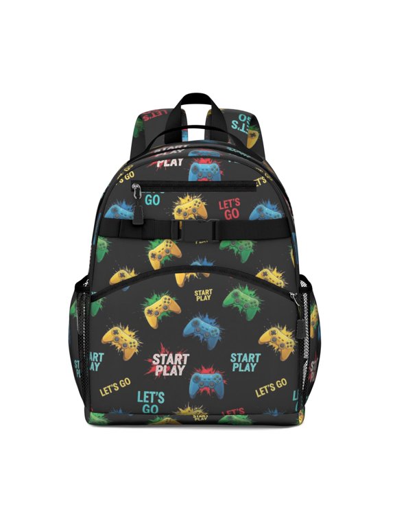 Game Controller Black Pattern Backpack for School, Cute School Bag with Adjustable Shoulder Straps and Padded Back, 15.25"x11.5"x5.25"