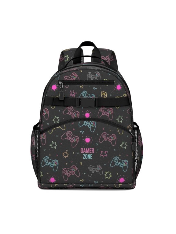 Game Controller Black Pattern Backpack for School, Cute School Bag with Adjustable Shoulder Straps and Padded Back, 15.25"x11.5"x5.25"