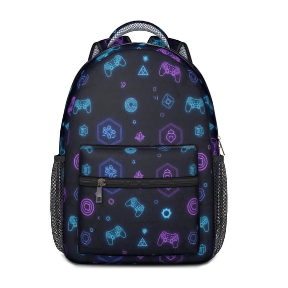 Game Controller Black Pattern Backpack for School, Cute School Bag with Adjustable Shoulder Straps and Padded Back, 15.3"x11"x6.7"