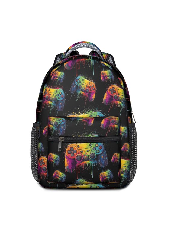 Game Controller Black Pattern Backpack for School, Cute School Bag with Adjustable Shoulder Straps and Padded Back, 15.3"x11"x6.7"