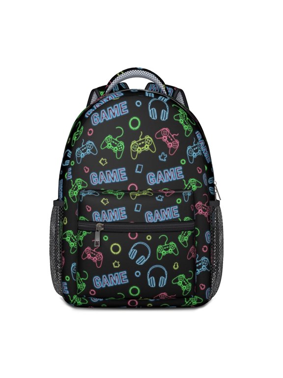 Game Controller Black Pattern Backpack for School, Cute School Bag with Adjustable Shoulder Straps and Padded Back, 15.3"x11"x6.7"