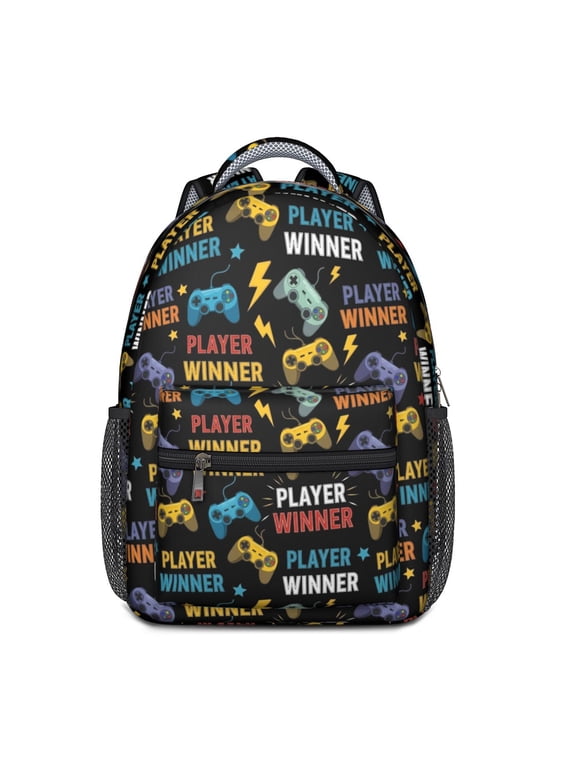 Game Controller Black Pattern Backpack for School, Cute School Bag with Adjustable Shoulder Straps and Padded Back, 15.3"x11"x6.7"