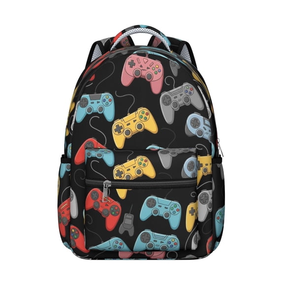 Game Controller Black Pattern Backpack for School, Cute School Bag with Adjustable Shoulder Straps and Padded Back, 15.3"x11"x7.1"