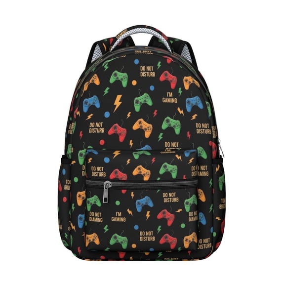 Game Controller Black Pattern Backpack for School, Cute School Bag with Adjustable Shoulder Straps and Padded Back, 15.3"x11"x7.1"