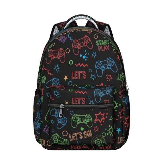 Game Controller Black Pattern Backpack for School, Cute School Bag with Adjustable Shoulder Straps and Padded Back, 15.3"x11"x7.1"
